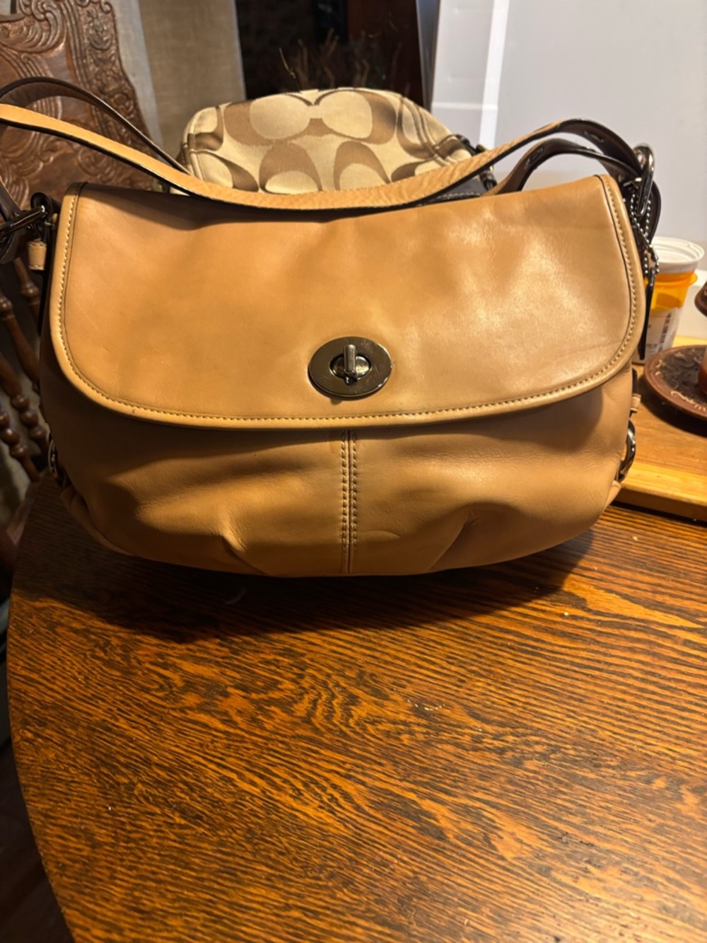 Coach Tan Leather Shoulder Bag with Signature Canvas Trim